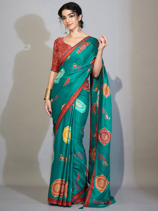 Teal Green & Peacock Digital Printed Saree