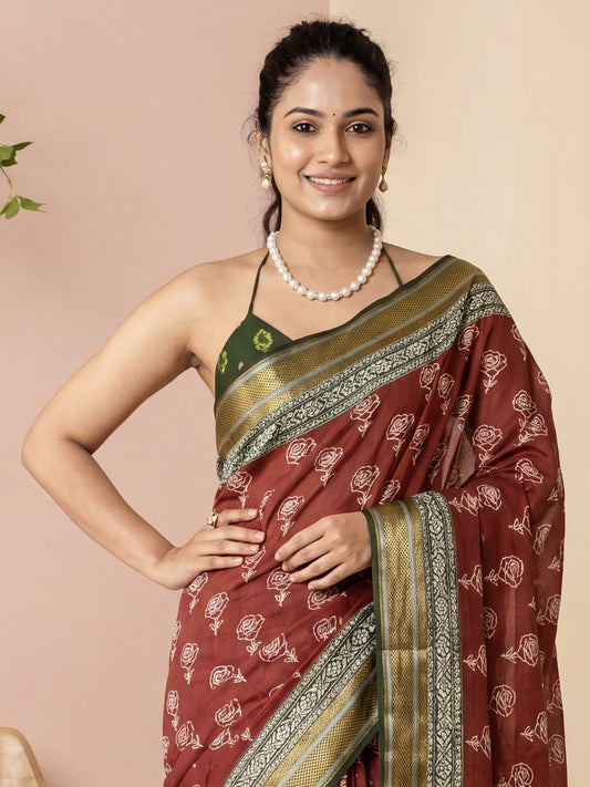 Maroon & Dark Green Cotton Saree