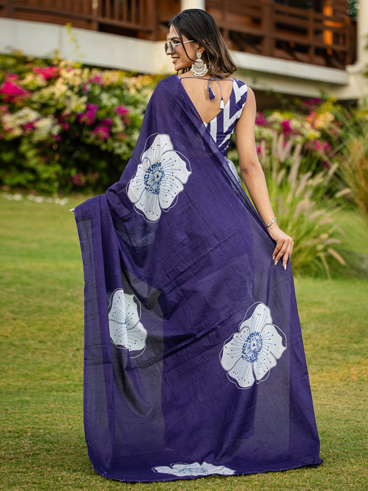 Deep Royal Navy Blue Cotton Saree