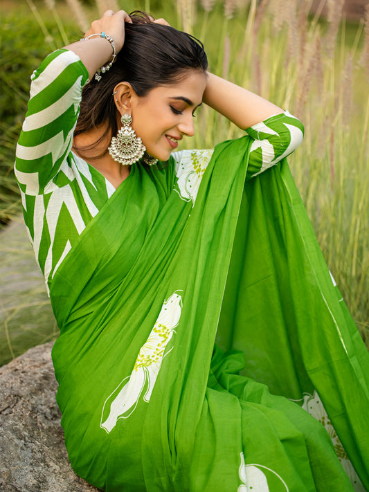 Vibrant Lime Green Cotton Saree
