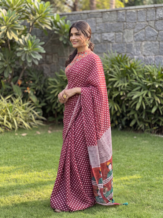 Sadhana Maroon Polka Dot Cotton Saree with Printed Border & Rust Blouse Piece