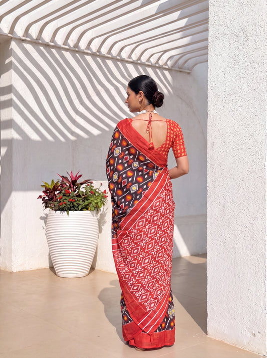 Prabhavati Black Ikat Cotton Saree with Solid Border & Red Blouse Piece
