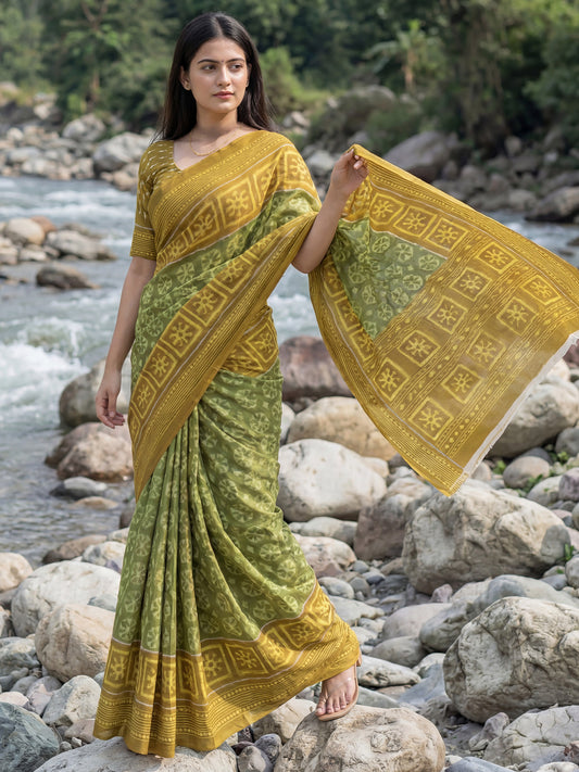 Mehendi Green &  Mustard Cotton Silk Geometric Block Print Saree