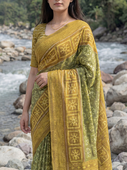Mehendi Green &  Mustard Cotton Silk Geometric Block Print Saree