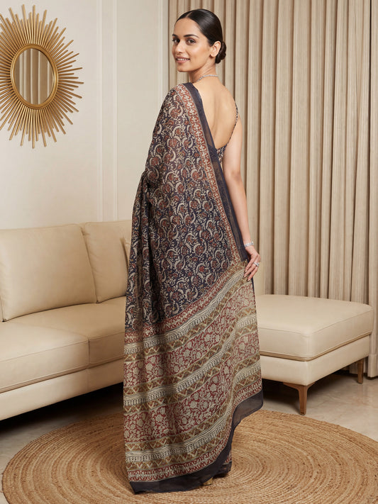 Navy Blue Tissue Silk Saree with Zari Stripes