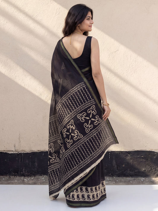 Black Cotton Blend Saree with Block Printed Border