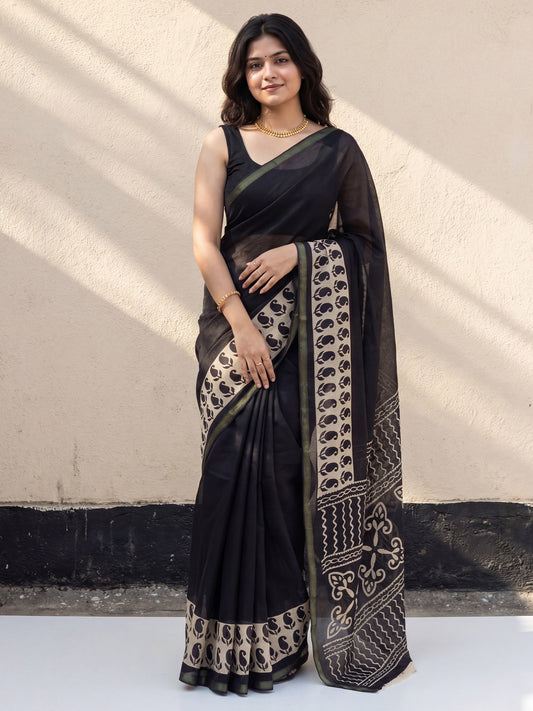 Black Cotton Blend Saree with Block Printed Border