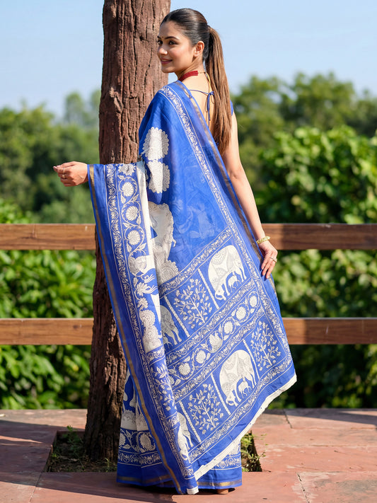 Blue Cotton Blend Saree