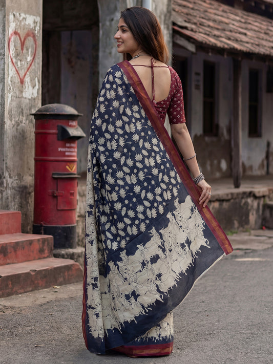 Navy Blue Cotton Blend Saree with Traditional Cow Prints