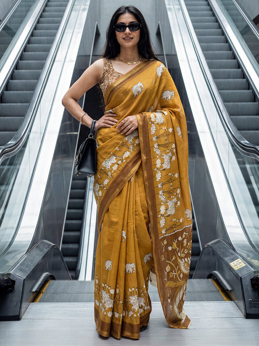 Mustard Yellow Cotton Blend Saree with Heritage Prints
