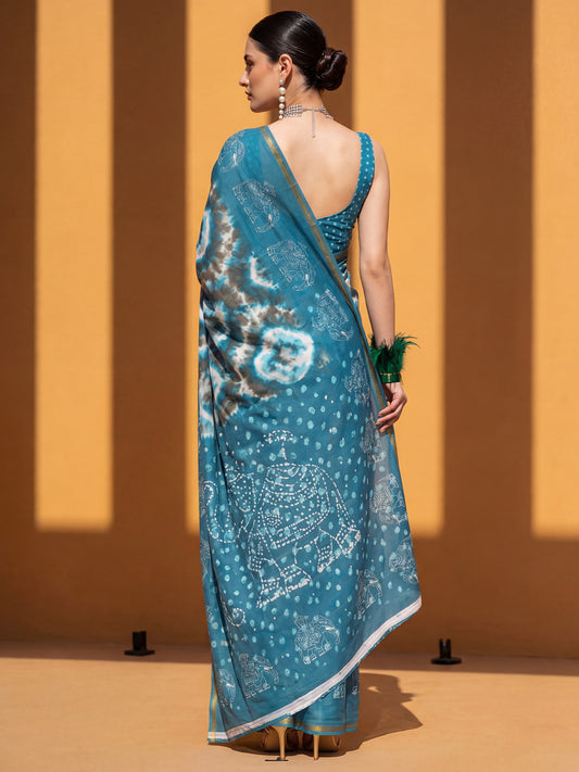 Teal Blue Shibori Print Saree with Heritage Elephant Motifs