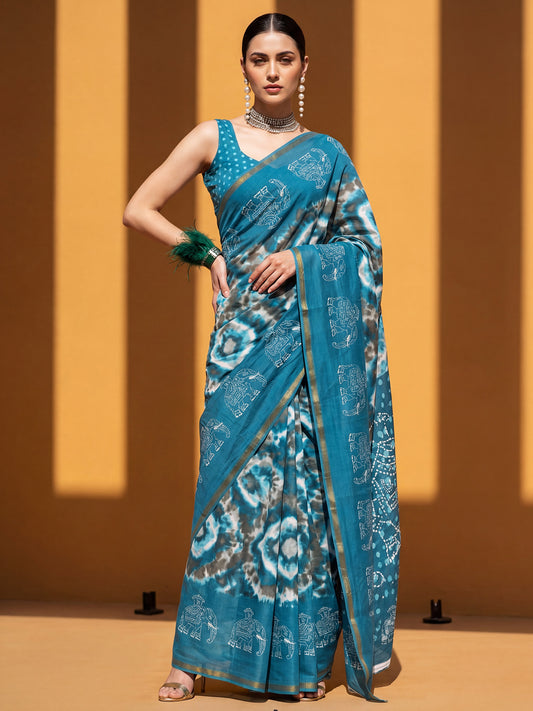 Teal Blue Shibori Print Saree with Heritage Elephant Motifs