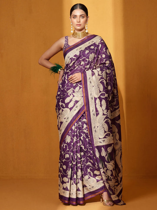 Wine Printed Cotton Blend Saree