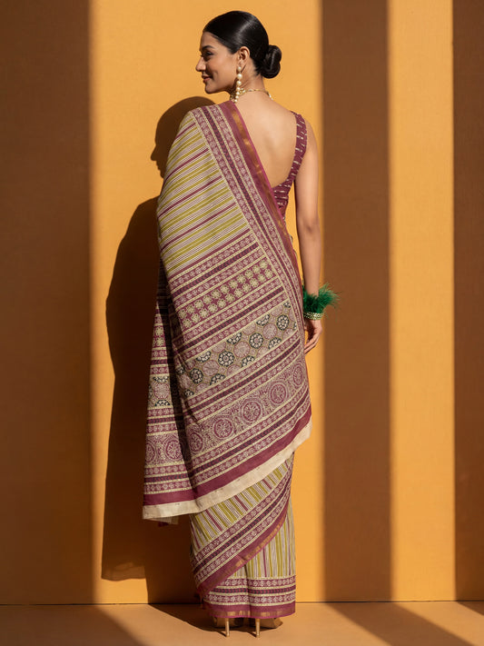 Magenta & Green Silk Blend Patola Gaj Motif Traditional Zari Border