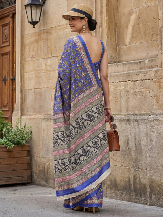 Dark Blue Block Printed Saree