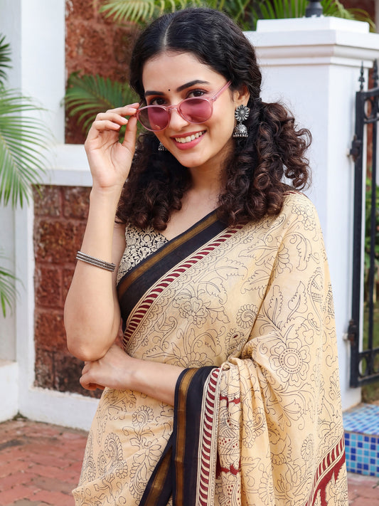 Cream and Charcoal Cotton Blend Saree