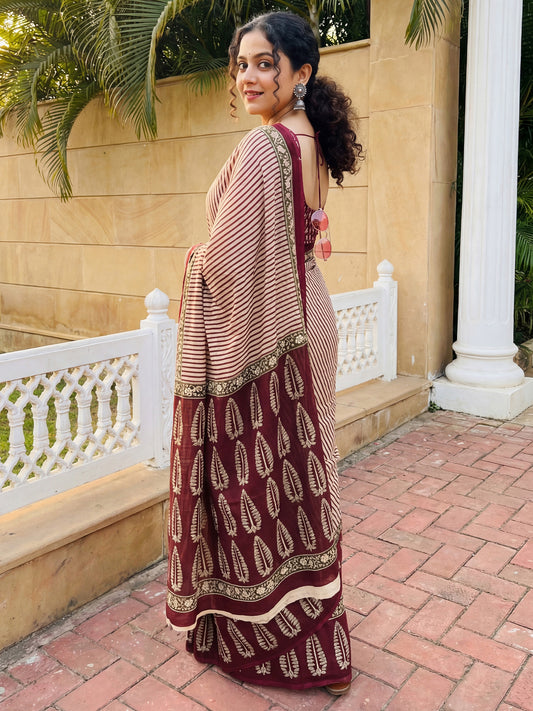 Maroon cotton blend Saree with Stripes