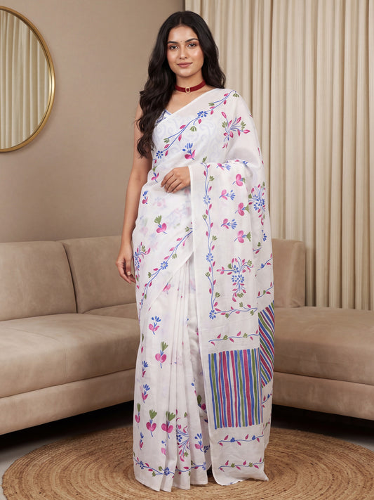 White Saree Floral Digital Print Saree