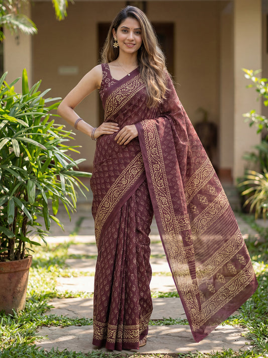 Wine Red Banarasi Silk Floral Jaal Zari Weaving Saree