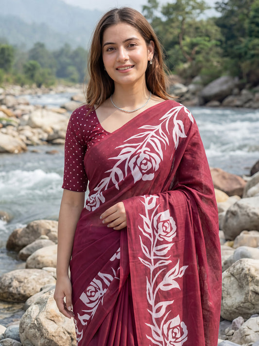 Wine Red Banarasi Silk Floral Jaal Zari Weaving Saree