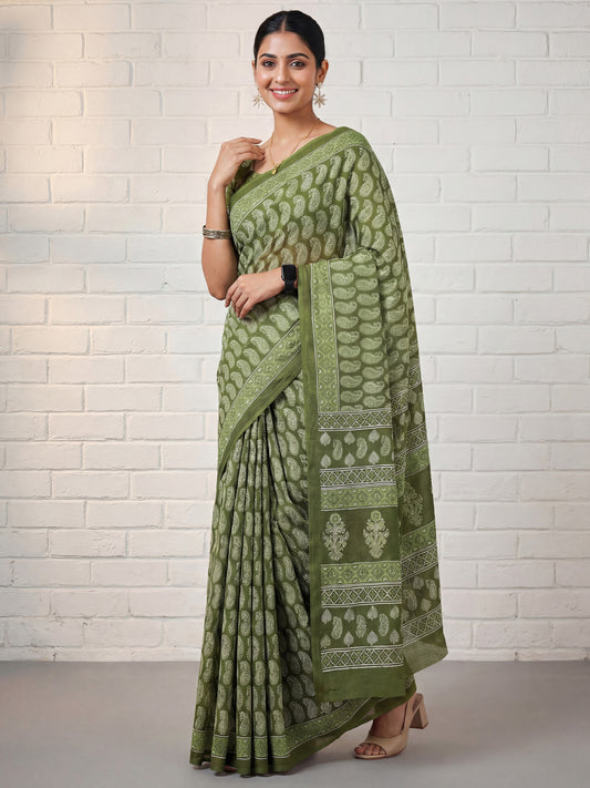 Sage Green  Paisley Print Cotton Mulmul Printed Borders  Saree