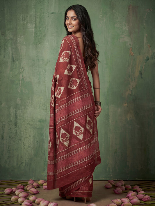 Maroon Lotus Batik Print Cotton Mulmul