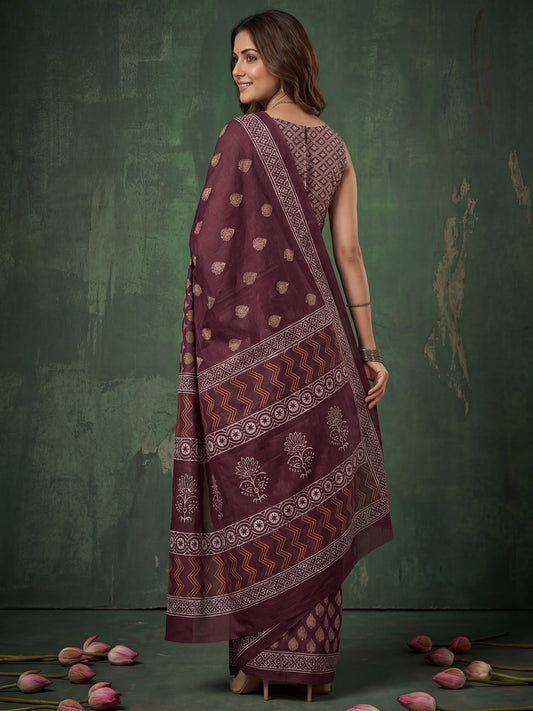 Wine Floral Buti Print  Cotton Mulmul Decorative Borders Saree