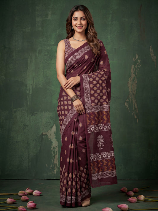 Wine Floral Buti Print  Cotton Mulmul Decorative Borders Saree