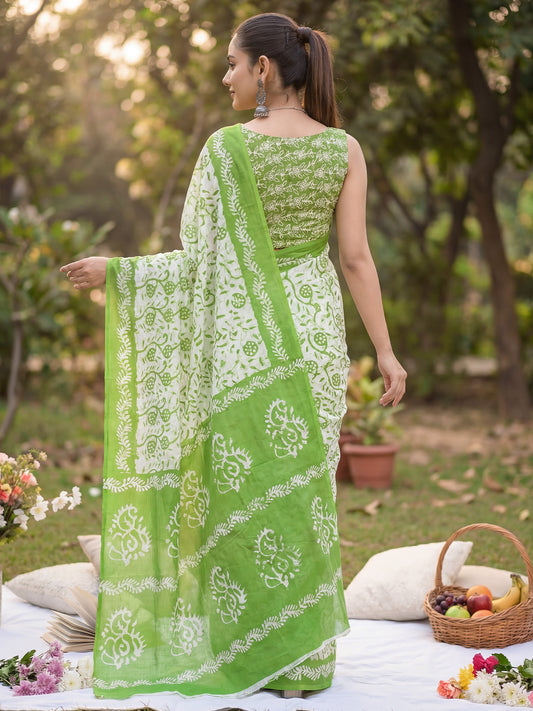 Floral Jaal Print  Cotton Mulmul Saree