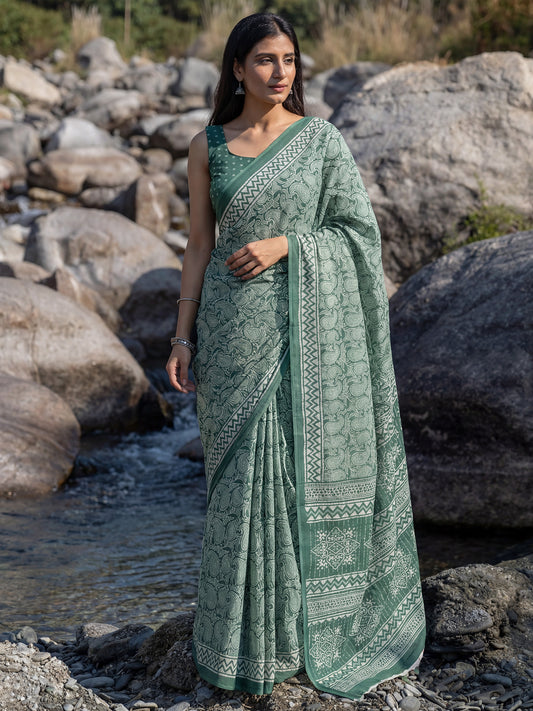 Mulmul Cotton : Block Print Saree