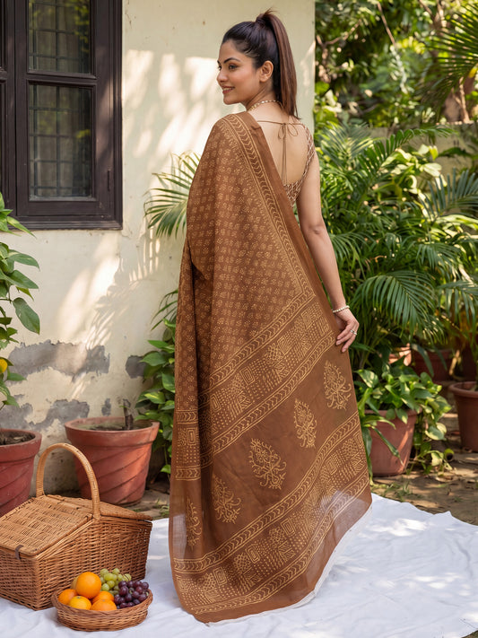 Brown Saree Madhubani Style Print Saree