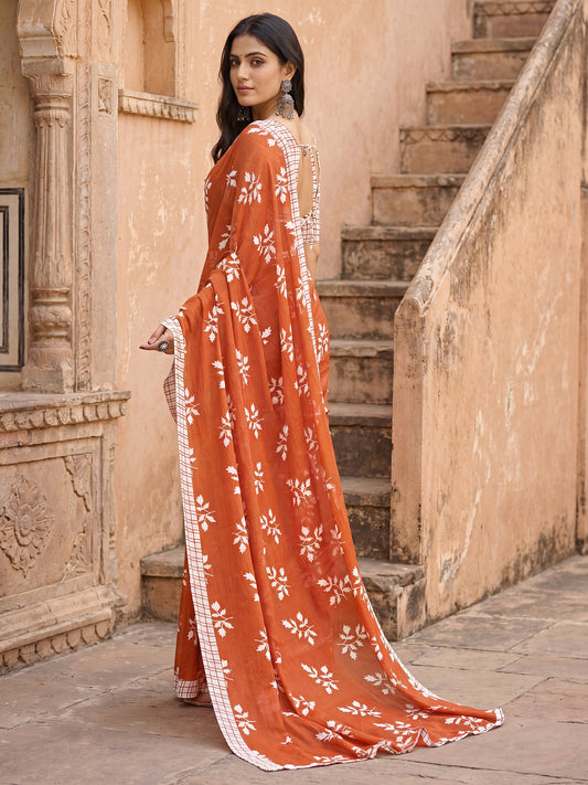 Rust Floral Print Cotton Saree