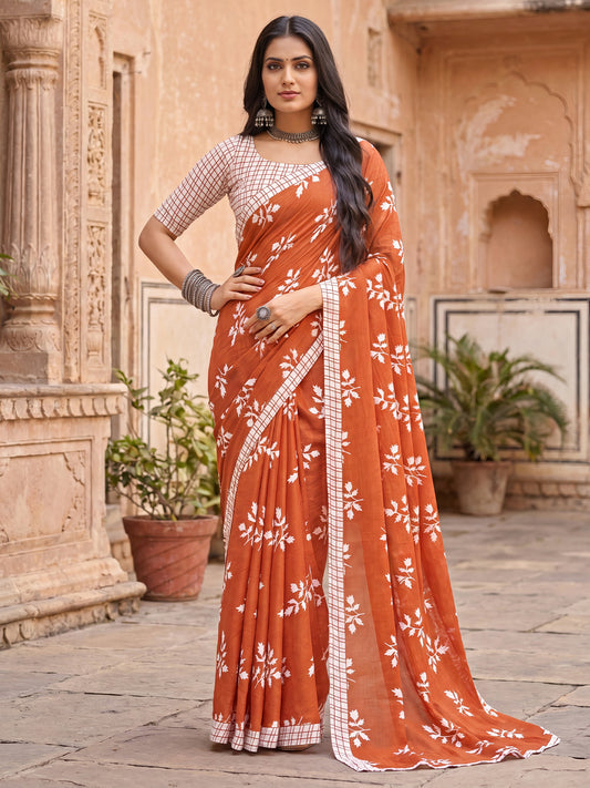 Rust Floral Print Cotton Saree
