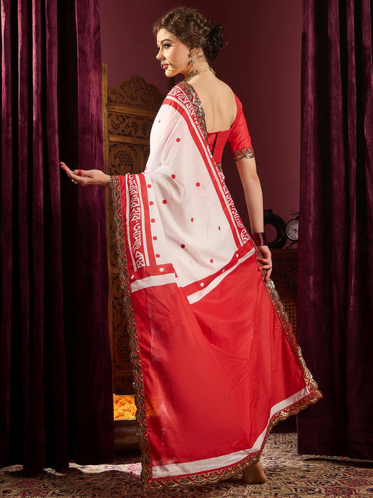 White Polyester Bengali Script Print Saree