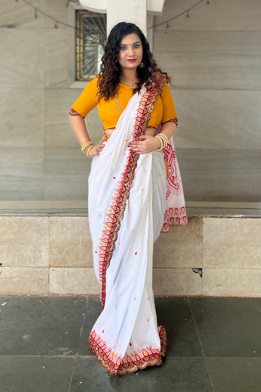 White Georgette Saree with Durga Print Blouse