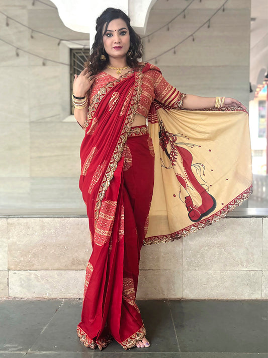 Red & Beige  Cotton Silk Ethnic Print Kalamkari Inspired Pallu  Embroidered Border Blouse Saree