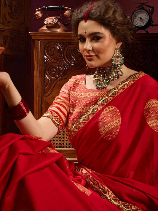 Red Silk Blend Large Zari Butta  Banarasi Saree