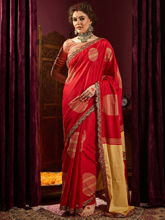 Red Silk Blend Large Zari Butta  Banarasi Saree