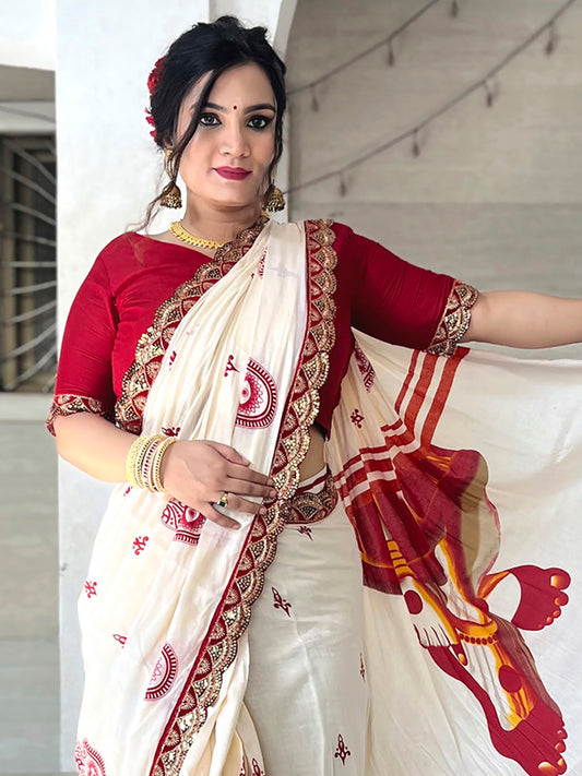 Off-White & Red Silk Saree with Hamsa Blouse