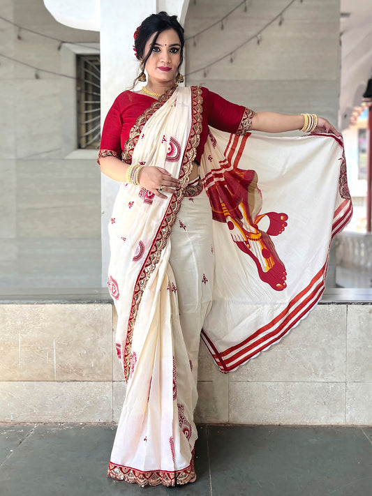 Off-White & Red Silk Saree with Hamsa Blouse