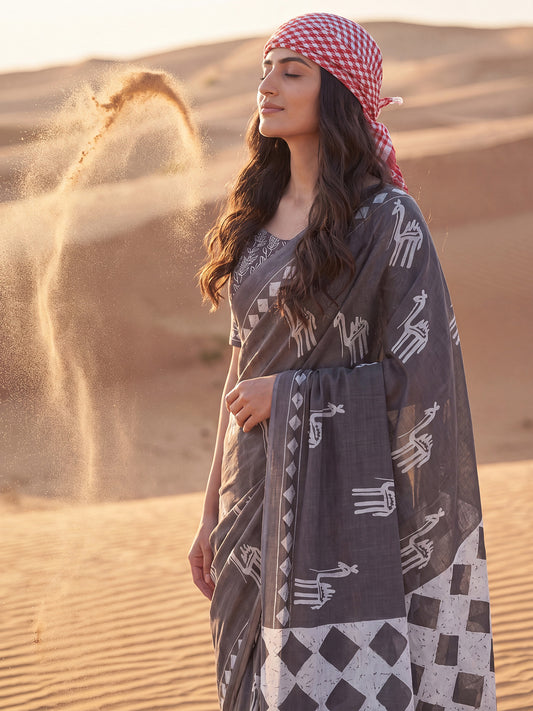 Grey Ethnic Block Print Cotton Saree