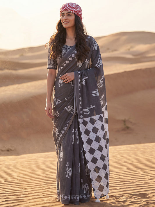 Grey Ethnic Block Print Cotton Saree