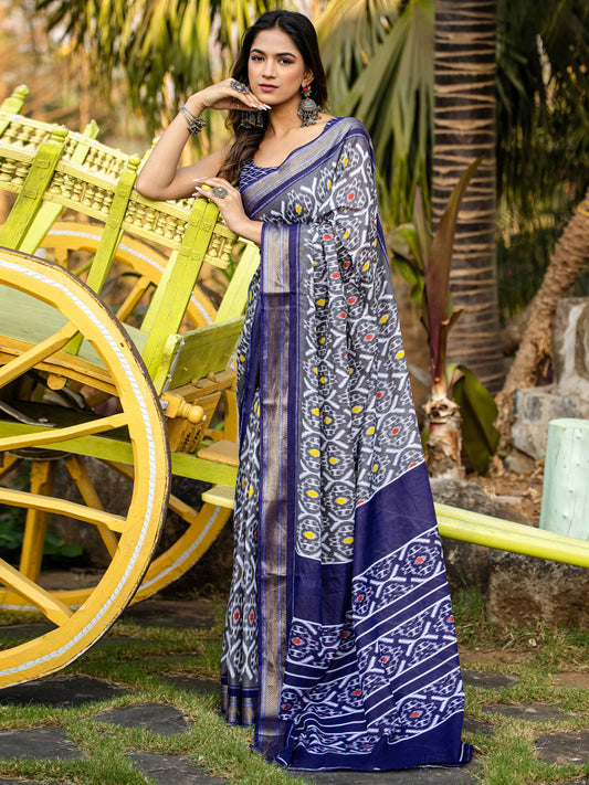 Grey & Navy Blue Pochampally Ikat Cotton Silk Saree