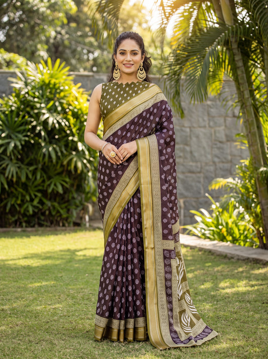 Devika Purple Dabu Cotton Saree with Zari Border & Olive Blouse Piece