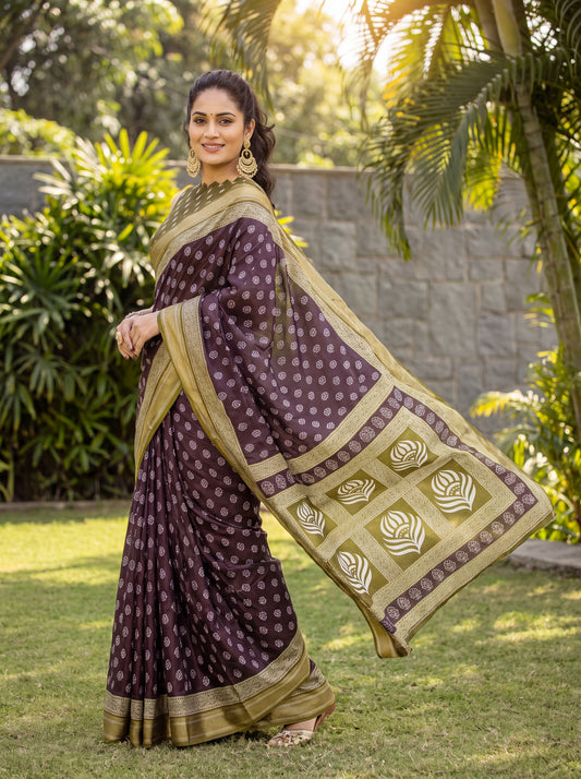 Devika Purple Dabu Cotton Saree with Zari Border & Olive Blouse Piece