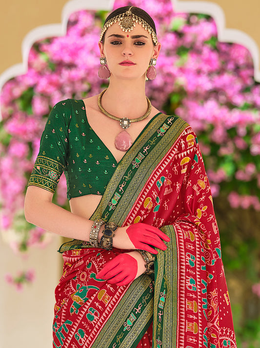 Red Silk Blend Patola Inspired Print Zari Border Saree