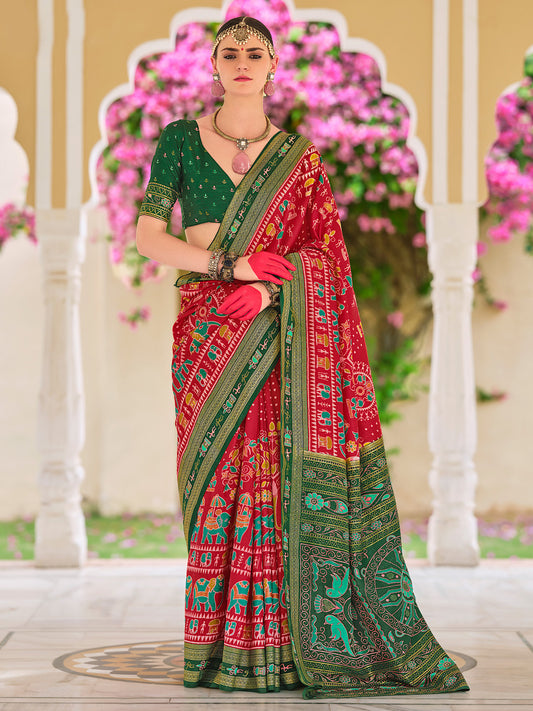 Red Silk Blend Patola Inspired Print Zari Border Saree