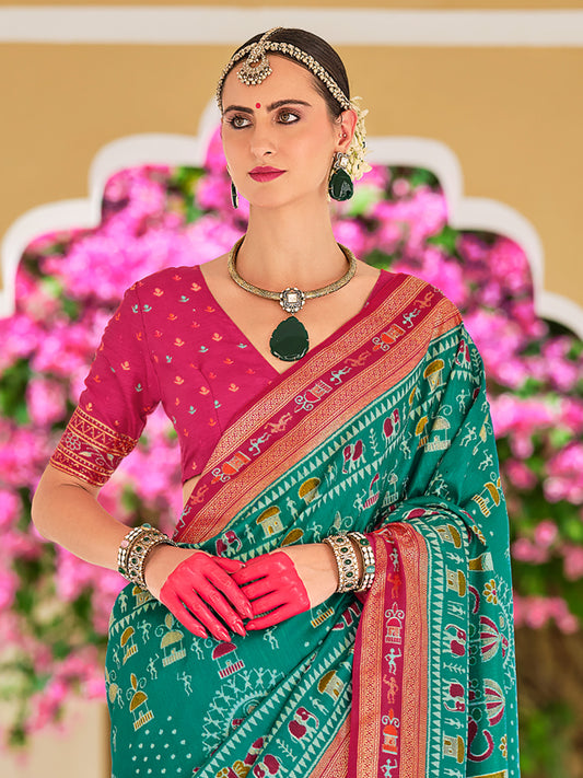Teal Green Patola Silk Ikat Printed Contrast Pink Border saree