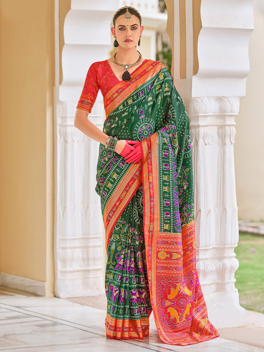 Green Patola Ikat Print Silk Blend Saree
