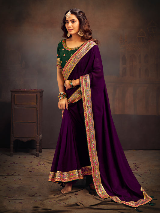 Purple Vichitra Silk Saree with Embroidered Border & Green Blouse
